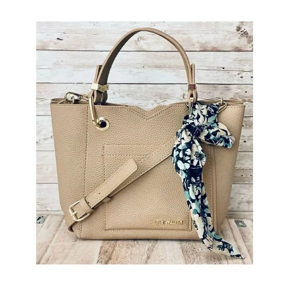 NWT Steve Madden Bkarta Satchel Crossbody Purse with Scarf Tan Beige Color